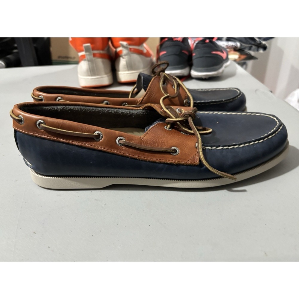 GH Bass 2-eye navy blue brown leather boat shoes Men's 13 preppy classy moc toe